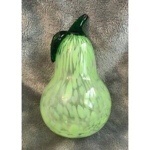 VTG Green Fused Blown Art Glass Pear w/ Leaf Fruit Paperweight Mottled 4.75"